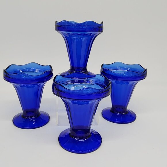 Luminarc French Cobalt Blue Parfait Glass Ice Cream Cup Lot 4 Scalloped VTG - Picture 6 of 10